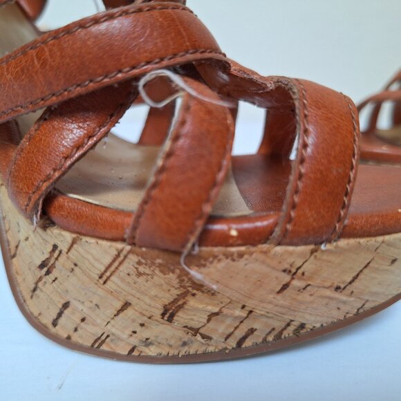 Y2K Bakers platform sandals strappy tan cognac leather cork caged chunky heels - Picture 7 of 12